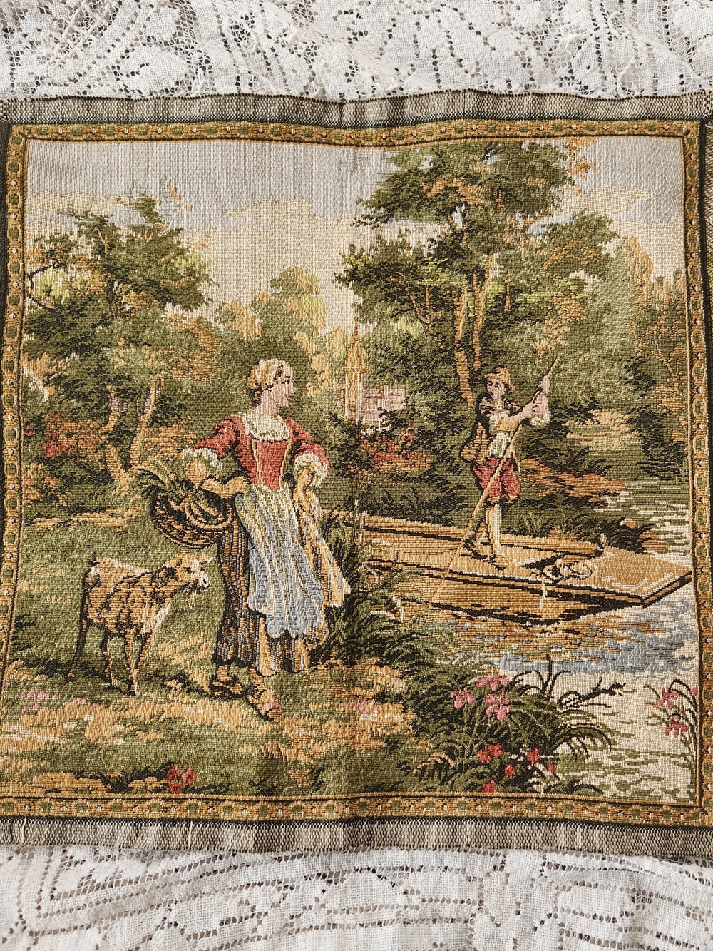 Classic Pastoral Tapestry Wall Art in Green and Cream